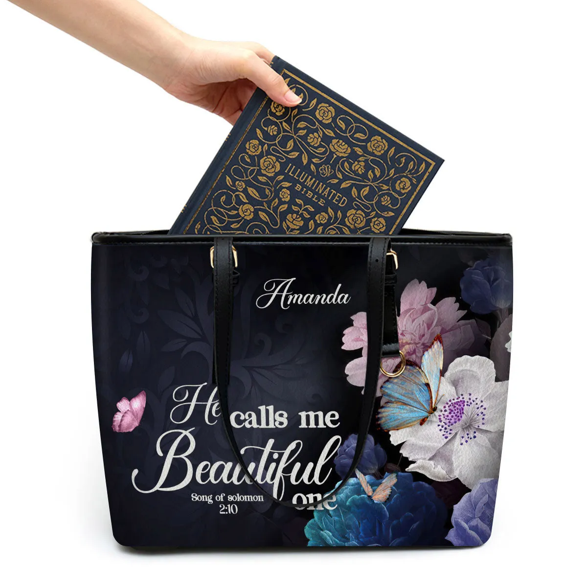 Solomon 210 He Calls Me One Personalized Large Leather Tote Bag Flower And Butterfly - Religious Gifts For Women Of God