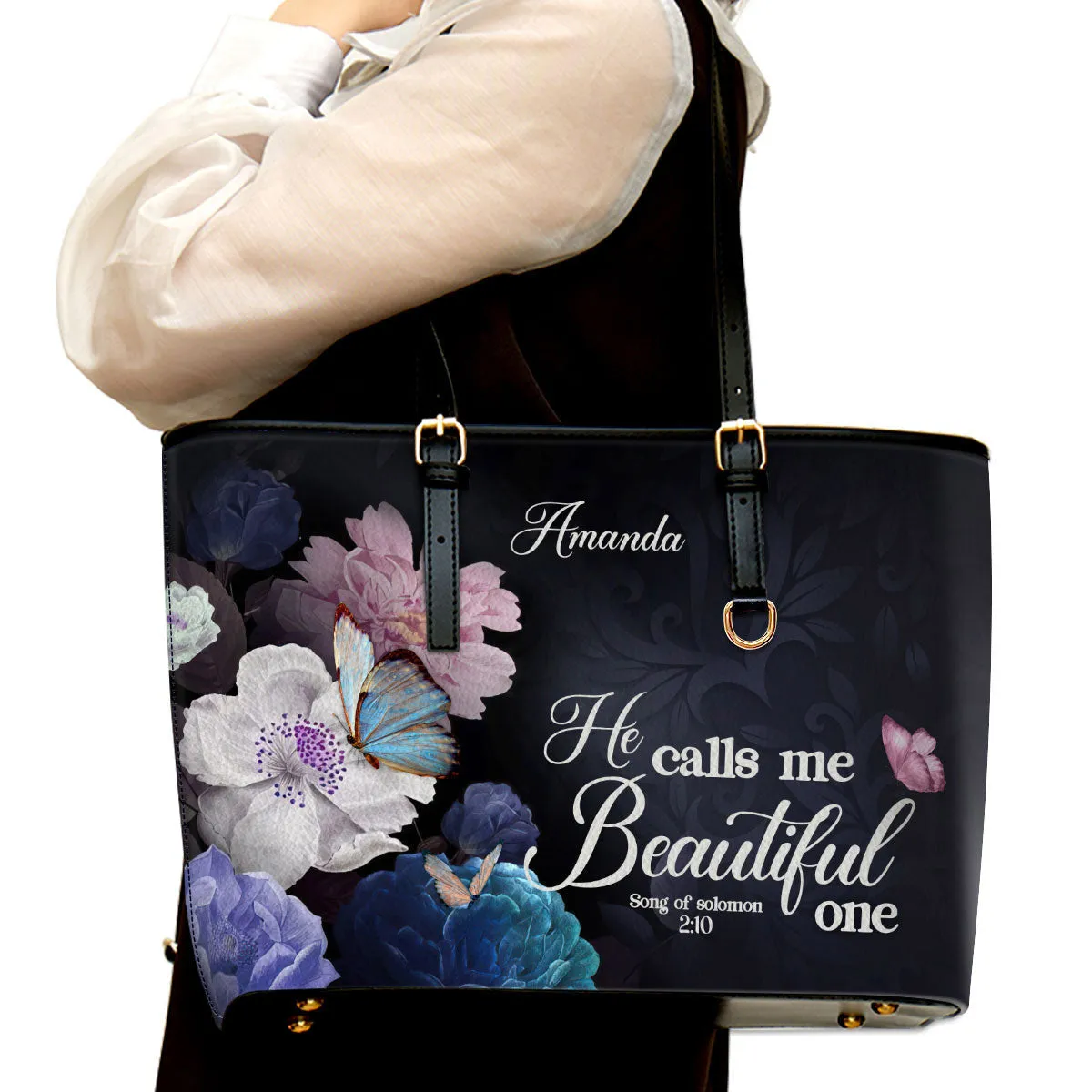 Solomon 210 He Calls Me One Personalized Large Leather Tote Bag Flower And Butterfly - Religious Gifts For Women Of God