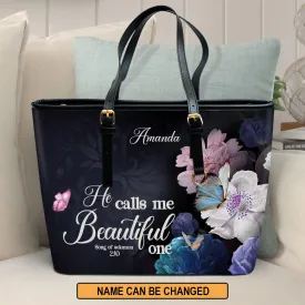 Solomon 210 He Calls Me One Personalized Large Leather Tote Bag Flower And Butterfly - Religious Gifts For Women Of God