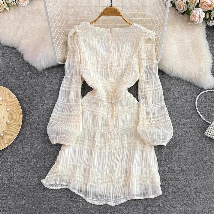 Vintage Long Sleeves V Neck Ruffled Short A Line Chiffon Dress        S4937