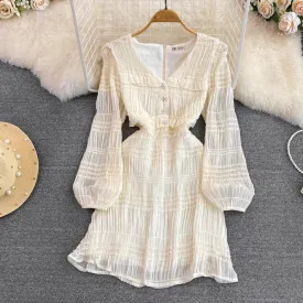 Vintage Long Sleeves V Neck Ruffled Short A Line Chiffon Dress        S4937