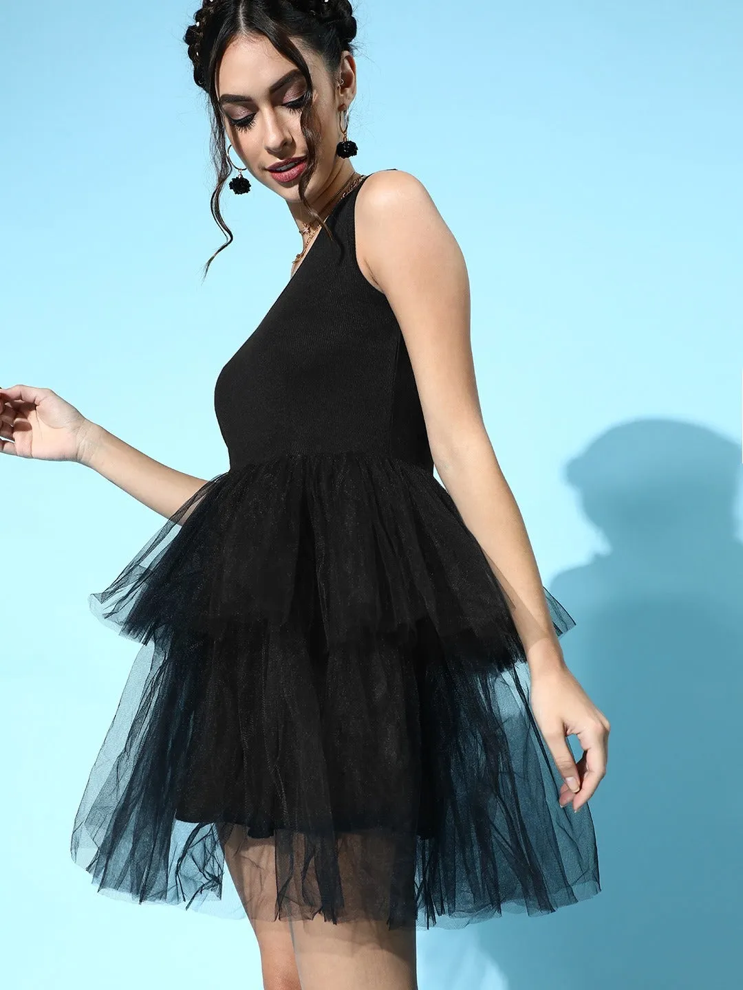 Women Black Tulle One Shoulder Mini Skater Dress