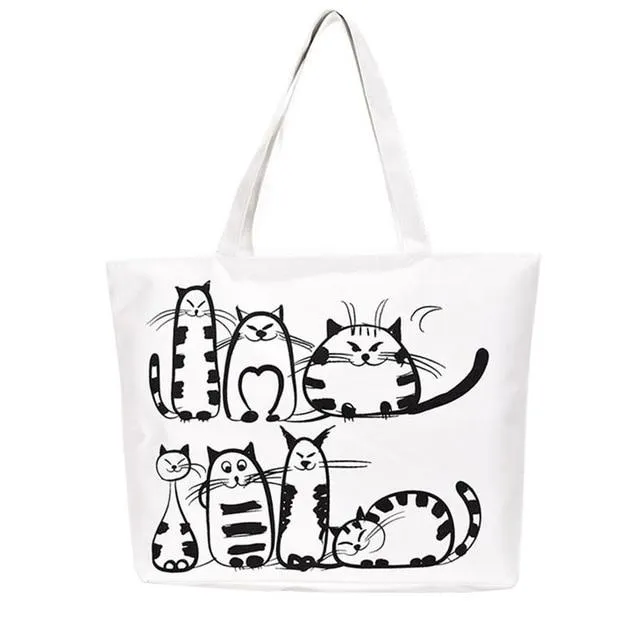 Women Canvas casual Handbag cartoon Cat Printed Shoulder bag Female Large Capacity Women Canvas Tote Shopping Handbags