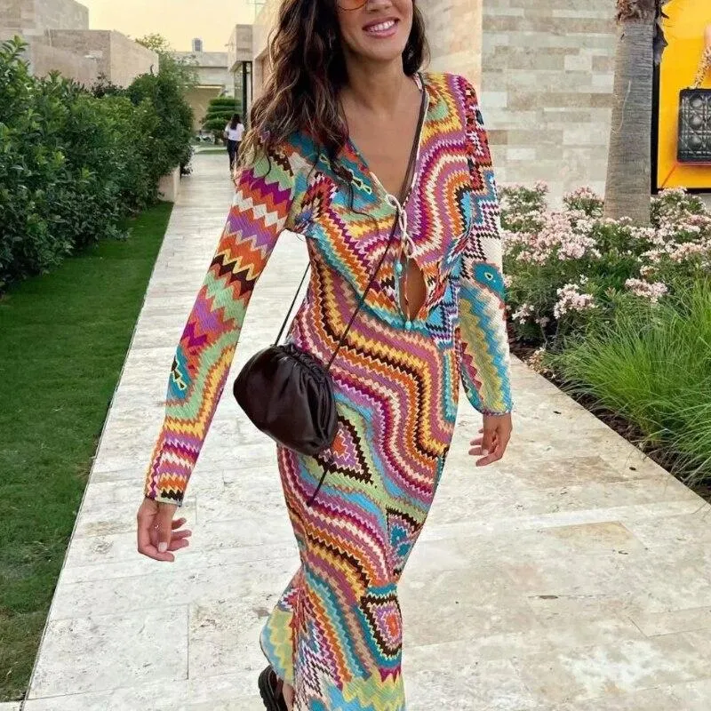 Women Sexy V Neck Printed Long Dress