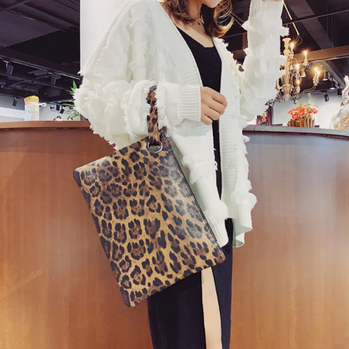 Womens Leopard Print Vegan Leather Clutch Envelope Bag