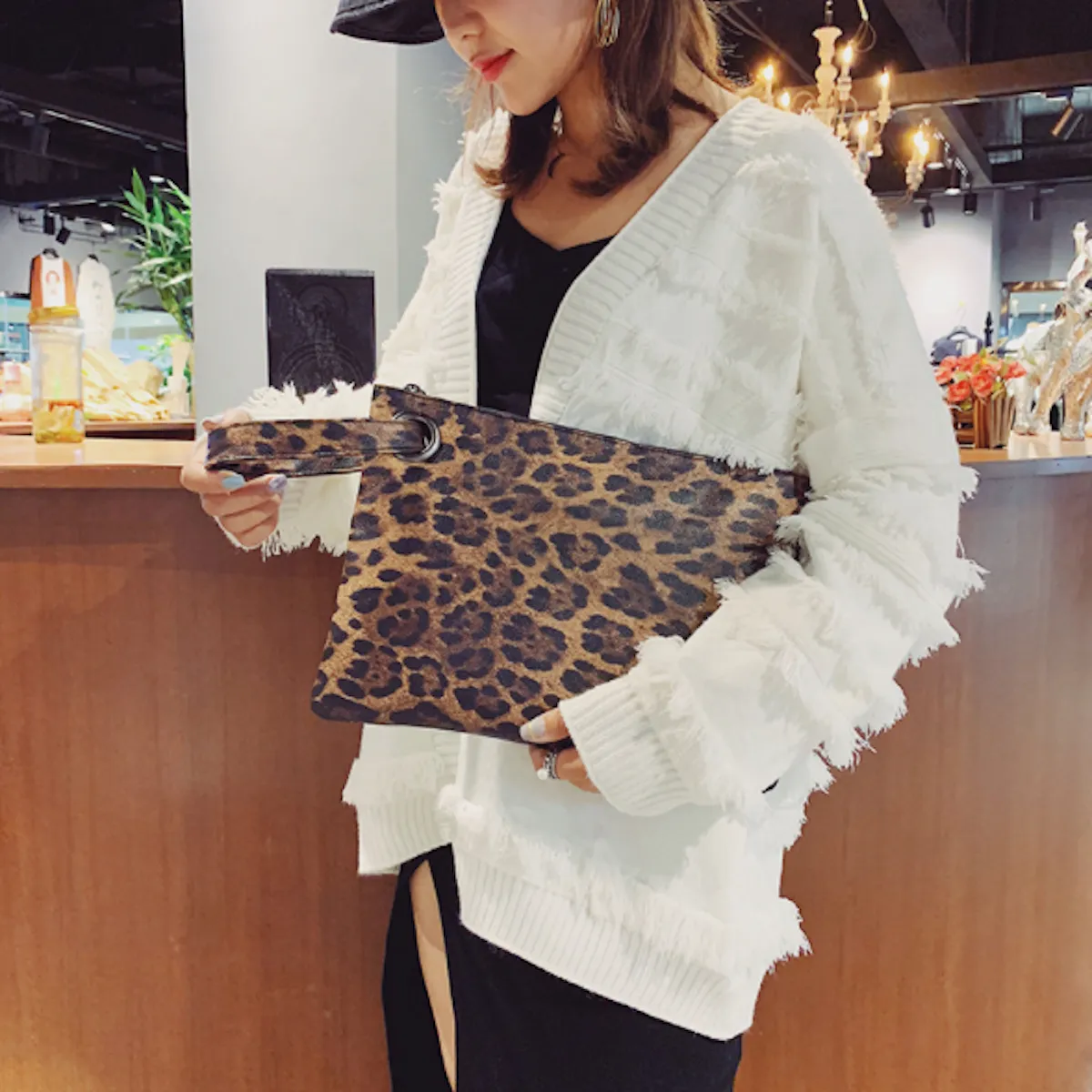 Womens Leopard Print Vegan Leather Clutch Envelope Bag